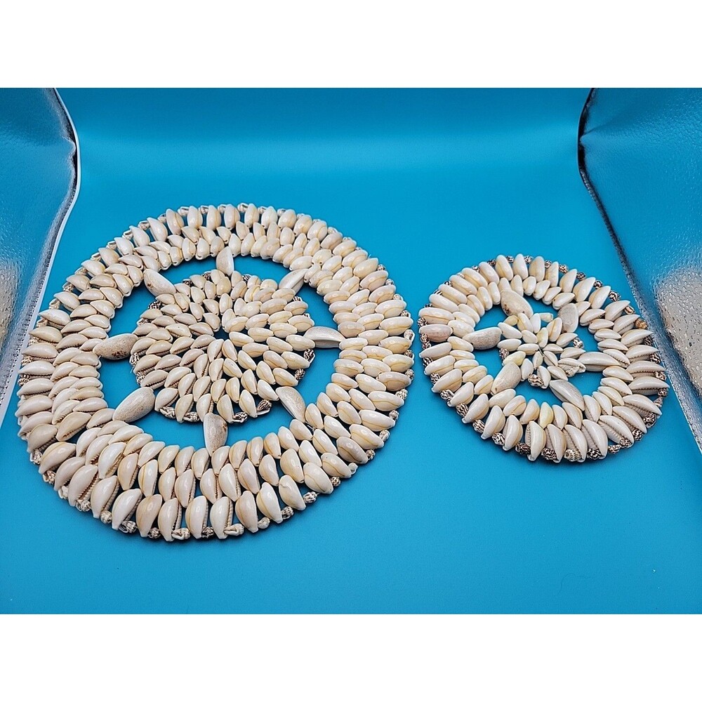 2 Vtg Sea Shell Trivet Hot Pad Doily Wall Art Beach BOHO Cottage Kitchen Decor🐚